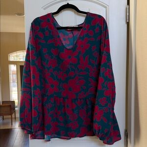 Elegant Floral V-Neck Blouse - Pink and Blue